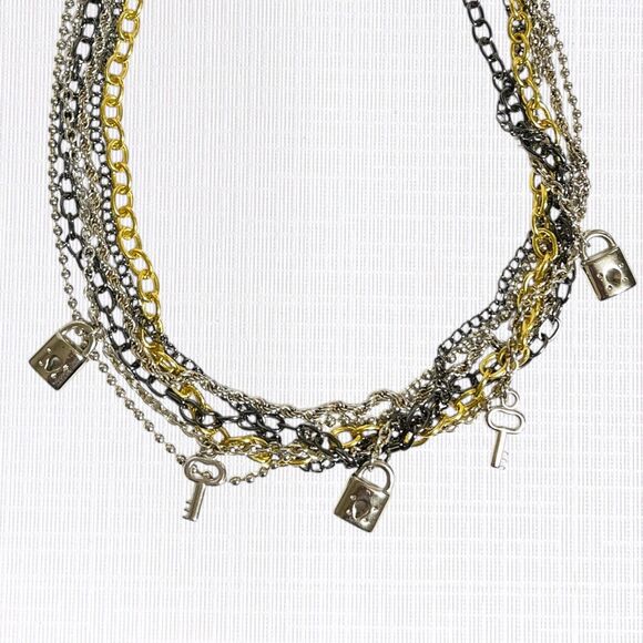 Multi Strand Charm Necklace Dangle Keys Locks Chains Steampunk Tri Color Metal - Picture 8 of 9